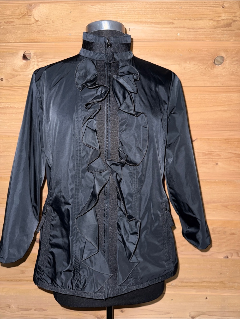 Women’s Black Ruffle-Front Lightweight fully lined Jacket